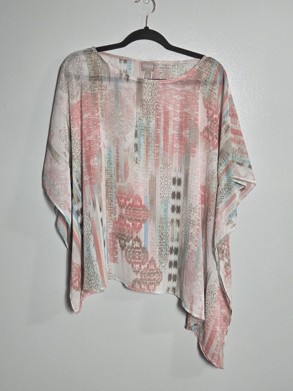 Chico's Pastel Abstract Medallion Sheer Asymmetric Poncho Kimono Top Size L/XL
